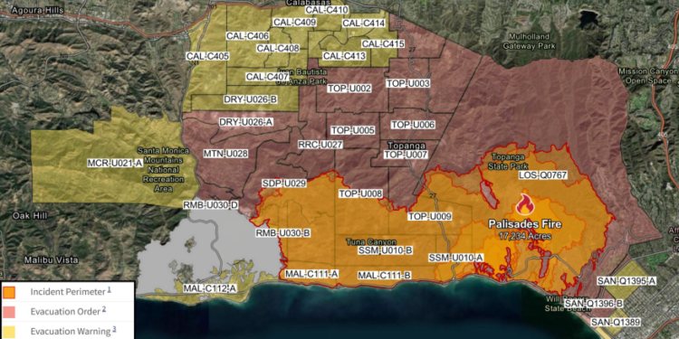 The Palisades Fire perimeter and evacuation zones (CalFire)