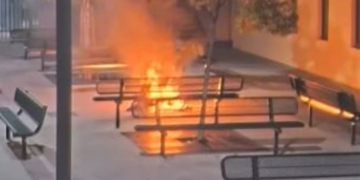 Fire seen at a Huntington Beach middle school that was allegedly started by two juveniles, police said. (HBPD)