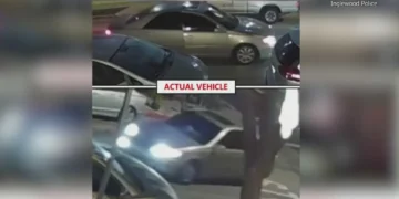 Inglewood PD released images of a gold Toyota Camry sedan that is believed to be the suspect vehicle involved in the shooting death of Johnny Sanchez. (Inglewood PD)