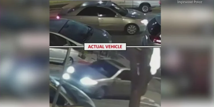 Inglewood PD released images of a gold Toyota Camry sedan that is believed to be the suspect vehicle involved in the shooting death of Johnny Sanchez. (Inglewood PD)