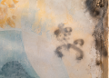 Close-up of a weathered mural wall with faded paint, light scorch marks and abstract spray-paint smudges, used as an illustrative image for a report on antisemitic vandalism at a Jewish temple site damaged by fire.