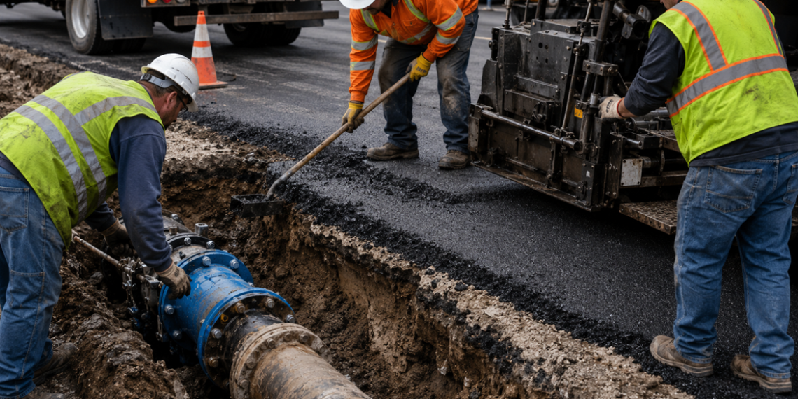 Close-up of construction crews repairing an excavated roadway with an exposed water pipe, fresh asphalt and paving equipment, used as an illustrative image for the West Hollywood Sunset Boulevard sinkhole repair.