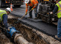 Close-up of construction crews repairing an excavated roadway with an exposed water pipe, fresh asphalt and paving equipment, used as an illustrative image for the West Hollywood Sunset Boulevard sinkhole repair.