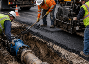 Close-up of construction crews repairing an excavated roadway with an exposed water pipe, fresh asphalt and paving equipment, used as an illustrative image for the West Hollywood Sunset Boulevard sinkhole repair.