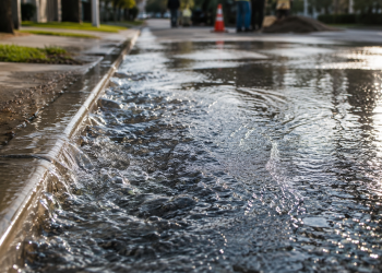 Close-up of water rushing along a curb and spreading across wet asphalt, used as an illustrative image for a water main break in a Los Angeles neighborhood.
