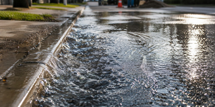 Close-up of water rushing along a curb and spreading across wet asphalt, used as an illustrative image for a water main break in a Los Angeles neighborhood.