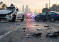 Scattered debris on a city roadway with two damaged vehicles and blurred emergency lights in the background, used as an illustrative image for a Los Angeles collision involving a Waymo vehicle.