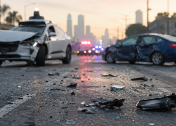 Scattered debris on a city roadway with two damaged vehicles and blurred emergency lights in the background, used as an illustrative image for a Los Angeles collision involving a Waymo vehicle.