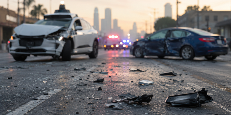 Scattered debris on a city roadway with two damaged vehicles and blurred emergency lights in the background, used as an illustrative image for a Los Angeles collision involving a Waymo vehicle.