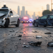 Scattered debris on a city roadway with two damaged vehicles and blurred emergency lights in the background, used as an illustrative image for a Los Angeles collision involving a Waymo vehicle.