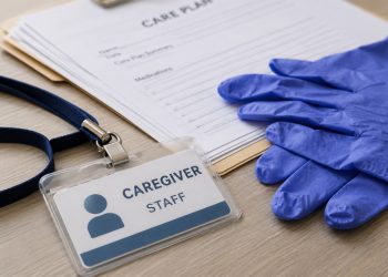 Close-up of a caregiver identification badge, disposable gloves and paperwork on a neutral desk.