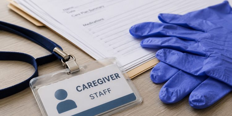 Close-up of a caregiver identification badge, disposable gloves and paperwork on a neutral desk.