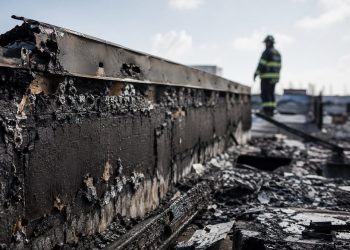 Close-up of a charred commercial roof edge and burned debris, with a blurred firefighter monitoring the damaged structure in the background.