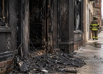 Close-up of a charred storefront entrance and burned debris after a commercial fire, with a blurred firefighter standing farther down the sidewalk.