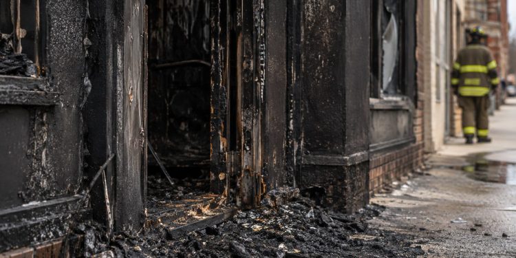 Close-up of a charred storefront entrance and burned debris after a commercial fire, with a blurred firefighter standing farther down the sidewalk.