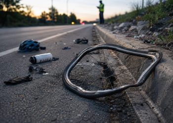 Close-up of a damaged bicycle wheel and scattered cycling gear beside a curb, with a blurred investigator standing farther down the road.