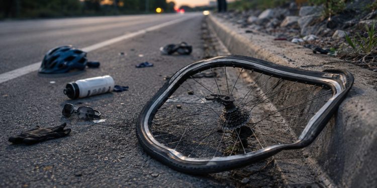 Close-up of a damaged bicycle wheel and scattered cycling gear beside a curb, with a blurred investigator standing farther down the road.