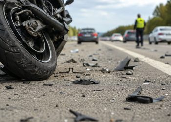 Close-up of a damaged motorcycle wheel and scattered roadway debris on freeway pavement, with blurred traffic and a responder in the distance.