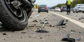 Close-up of a damaged motorcycle wheel and scattered roadway debris on freeway pavement, with blurred traffic and a responder in the distance.