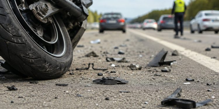 Close-up of a damaged motorcycle wheel and scattered roadway debris on freeway pavement, with blurred traffic and a responder in the distance.