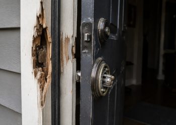 Close-up of a damaged residential door frame and broken lock hardware beside a dark entryway.