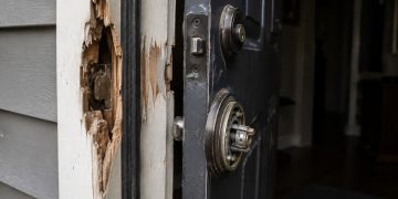 Close-up of a damaged residential door frame and broken lock hardware beside a dark entryway.