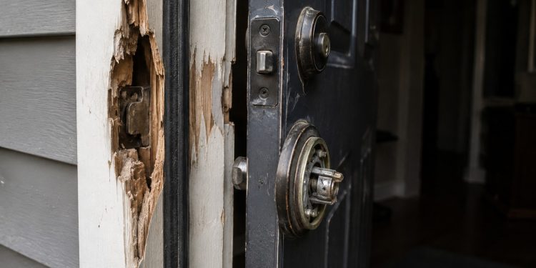 Close-up of a damaged residential door frame and broken lock hardware beside a dark entryway.