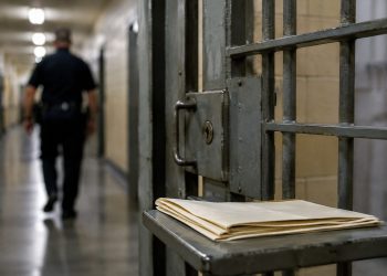 Close-up of a prison cell door and folded legal papers on a metal surface, with a blurred correctional officer walking in the background.