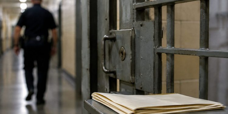 Close-up of a prison cell door and folded legal papers on a metal surface, with a blurred correctional officer walking in the background.