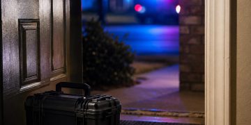 Close-up of a residential doorway with a small bomb-squad equipment case and blurred emergency lights outside.