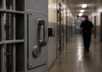 Close-up of a secured prison cell door and dim corridor, with a blurred correctional officer walking in the background.