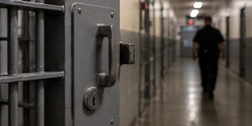 Close-up of a secured prison cell door and dim corridor, with a blurred correctional officer walking in the background.