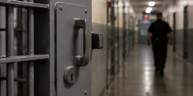 Close-up of a secured prison cell door and dim corridor, with a blurred correctional officer walking in the background.