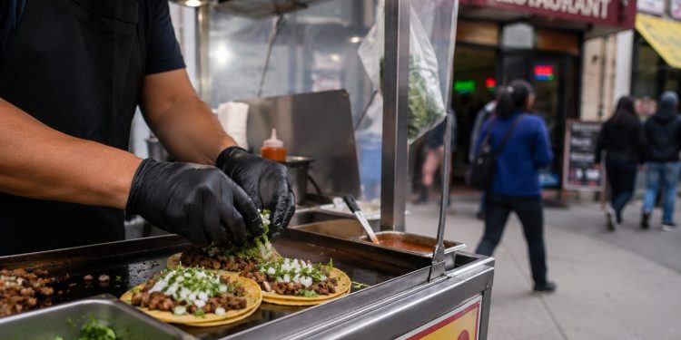 Close-up of a sidewalk food cart preparing tacos, with blurred pedestrians and a restaurant storefront in the background.