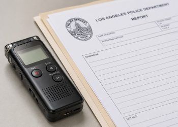 Close-up of a small digital audio recorder beside police paperwork on a plain desk.