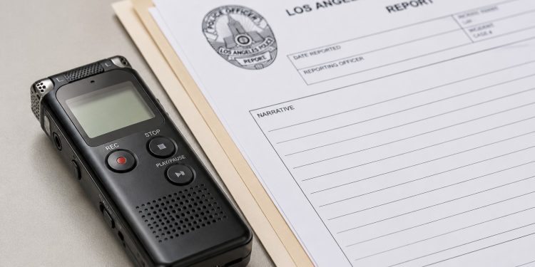 Close-up of a small digital audio recorder beside police paperwork on a plain desk.