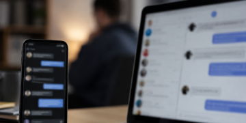 Close-up of a smartphone and laptop displaying blurred social media messages, with a blurred adult figure seated in the background.