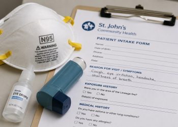 Close-up of an N95 mask, inhaler and eye drops beside a neighborhood health clinic intake form.