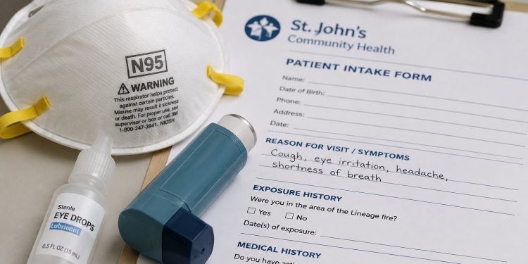 Close-up of an N95 mask, inhaler and eye drops beside a neighborhood health clinic intake form.