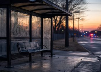 Close-up of an empty covered bus shelter at dawn with blurred emergency lights in the distance.