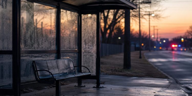 Close-up of an empty covered bus shelter at dawn with blurred emergency lights in the distance.