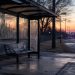Close-up of an empty covered bus shelter at dawn with blurred emergency lights in the distance.