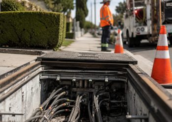 Close-up of an open underground utility vault with electrical cables and warning cones, with a blurred utility worker standing nearby.