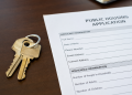Close-up of apartment keys beside a public housing application form on a desk.