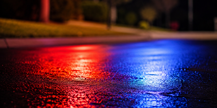 Close-up of blurred police lights reflecting across dark pavement outside a residential area at night.