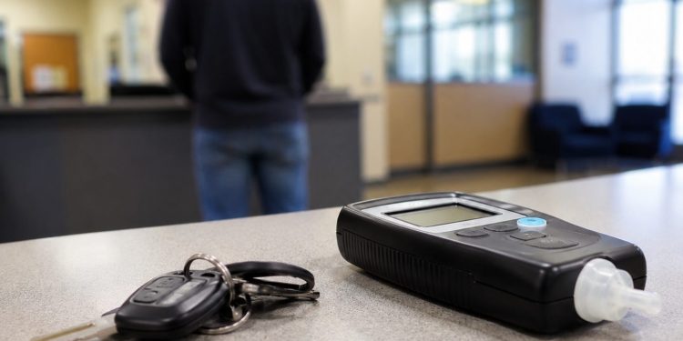 Close-up of car keys beside a sobriety testing device on a CHP office counter, with a blurred person standing in the lobby background.