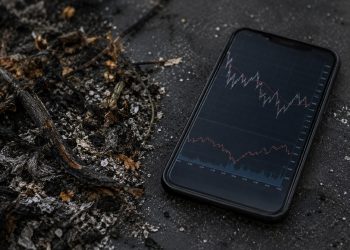 Close-up of charred vegetation and ash beside a smartphone displaying generic market-style lines.