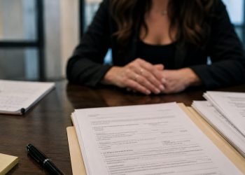 Close-up of court documents and a pen on a table, with a blurred woman seated in the background.