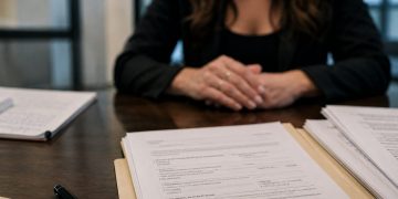 Close-up of court documents and a pen on a table, with a blurred woman seated in the background.