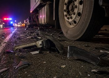 Close-up of damaged vehicle debris beside a big rig tire on freeway pavement at night.